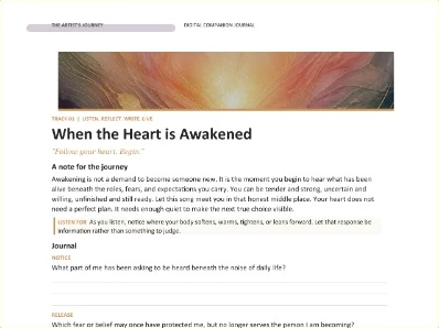 Companion journal page for When the Heart Is Awakened, with a note for the journey, a Listen For invitation and reflection prompts.