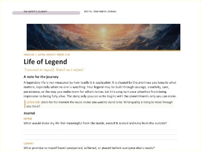 Companion journal page for Life of Legend, with a note for the journey, a Listen For invitation and reflection prompts.